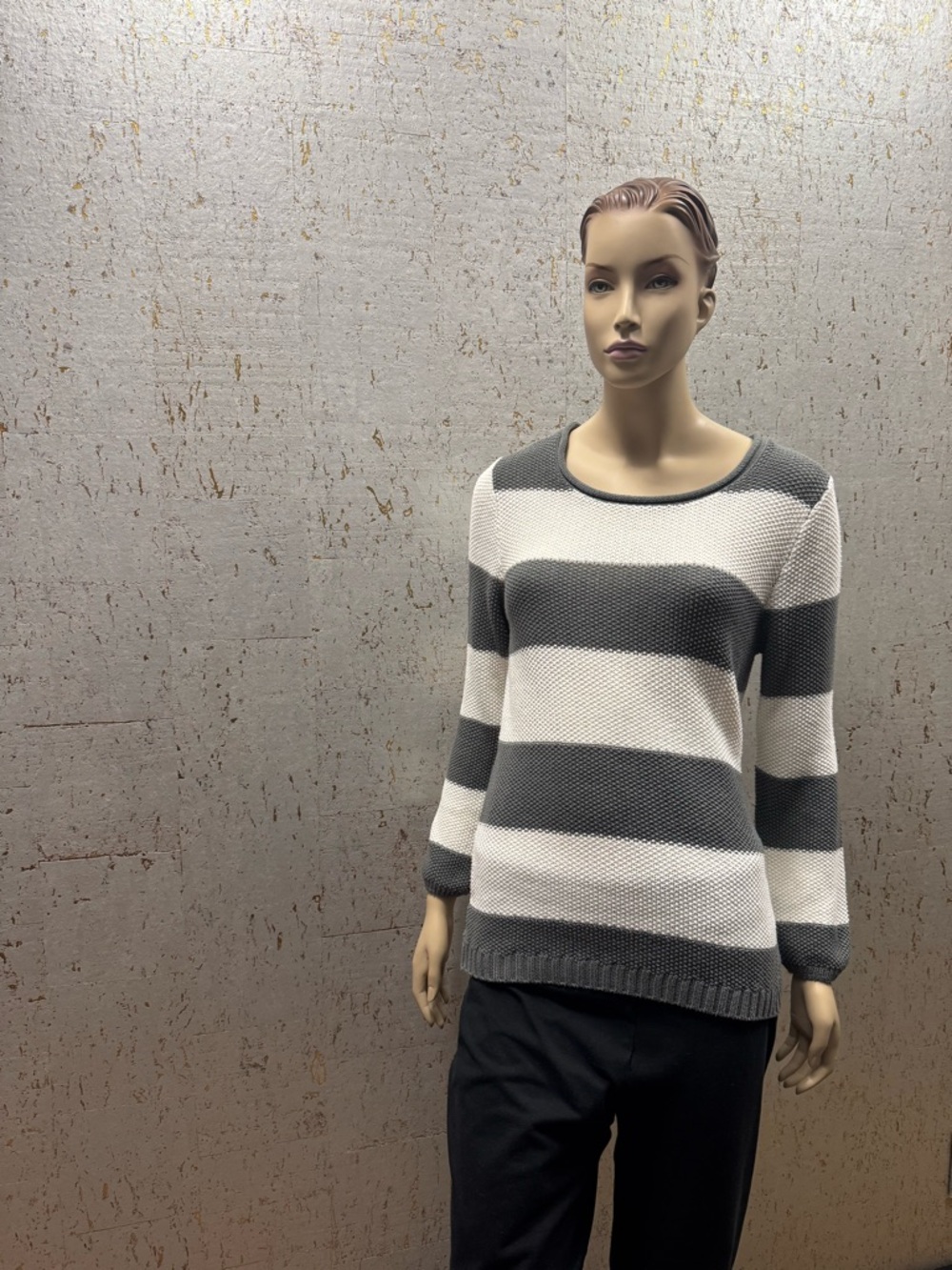Ambria Striped Crewneck Sweater in Gray and White